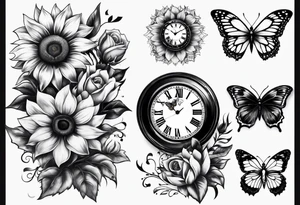 Sleeve with clock, sunflower and butterflies tattoo idea