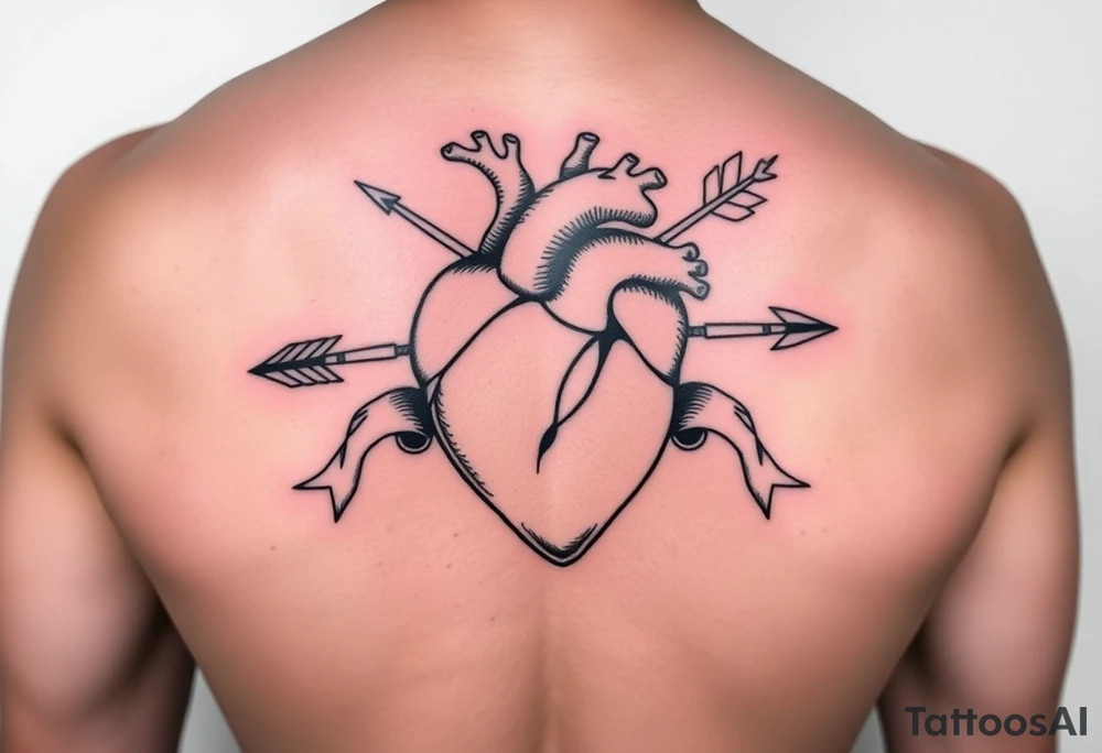 anatomical heart pierced by ornate arrow with flowing ribbons tattoo idea