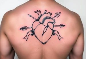 anatomical heart pierced by ornate arrow with flowing ribbons tattoo idea