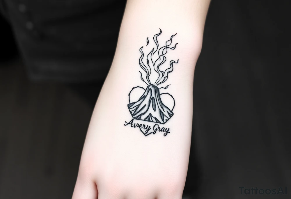 Female Geometric Volcano tattoo erupting in a heart with text Avery Gray on wrist tattoo idea