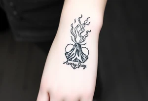 Female Geometric Volcano tattoo erupting in a heart with text Avery Gray on wrist tattoo idea
