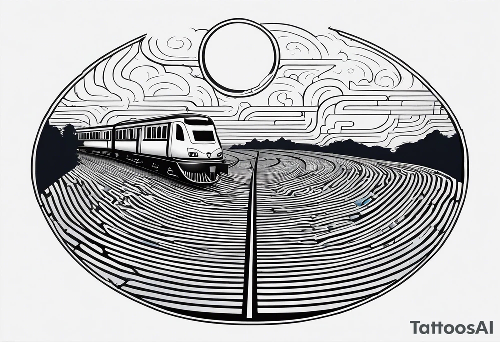 Maze with a train track in the middle. Sky cracking with moon of time tattoo idea