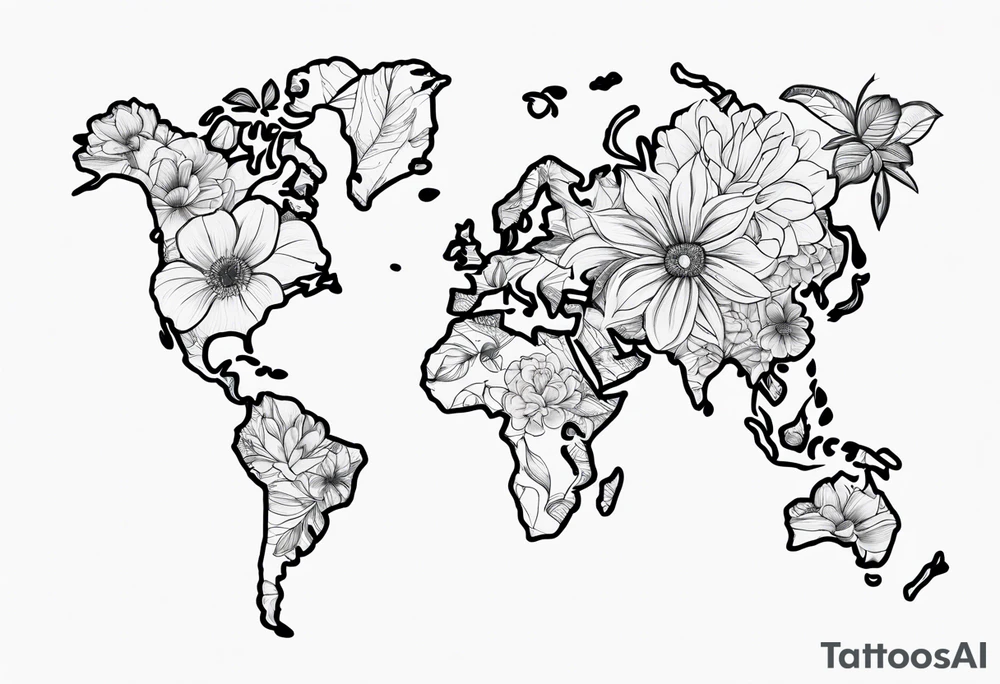 World map with floral design tattoo idea