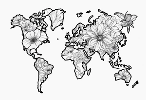 World map with floral design tattoo idea