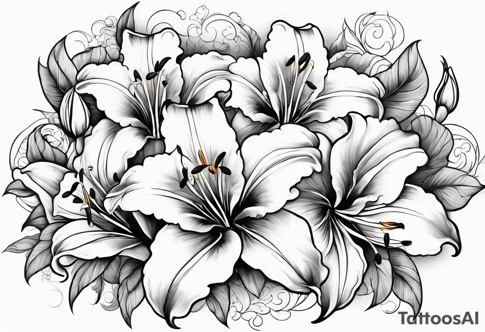 Clouds with lily flowers tattoo idea
