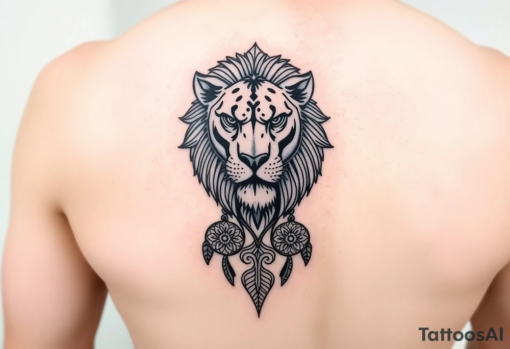 A tattoo for the upper hand with a realistic lion head with mandala patterns around it that covers the hands and a small part of the fingers. tattoo idea