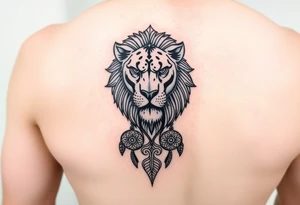 A tattoo for the upper hand with a realistic lion head with mandala patterns around it that covers the hands and a small part of the fingers. tattoo idea