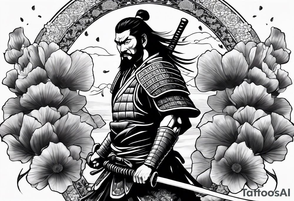 Samurai warrior and spartan warrior facing off, include lotus flowers in the background, both warriors should appear aggressive looking ready for battle,  turn this into a forearm sleeve tattoo idea