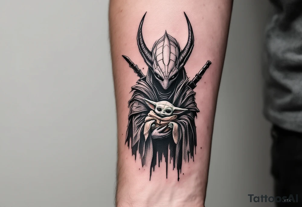 Mandralorian is holding baby yoda tattoo idea