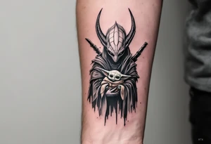 Mandralorian is holding baby yoda tattoo idea