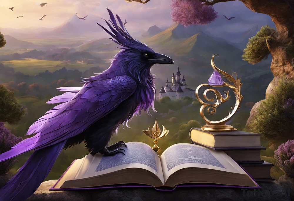an open book with pages that appear to flutter. Above the book, a delicate small dragon, spirals in the air. To the right, a pawn chess piece stands proudly.  On the left corner of the book, a raven perches, feathers ruffled by an unseen wind. Below, a cluster of lavender flowers blooms, with a charming bumblebee tattoo idea