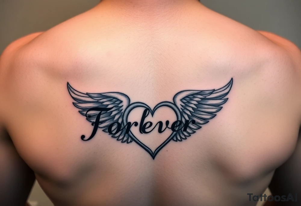 Tattoo with the word forever, the letter L and a wing in the form of a heart tattoo idea
