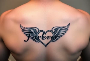 Tattoo with the word forever, the letter L and a wing in the form of a heart tattoo idea