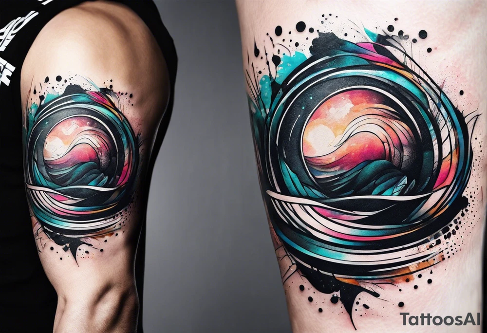 flow abstract large forearm tattoo with lines, splatters, circles tattoo idea