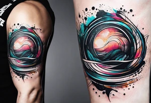 flow abstract large forearm tattoo with lines, splatters, circles tattoo idea