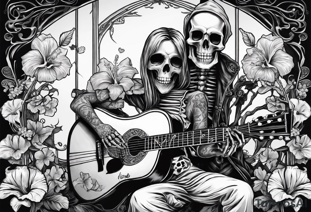a female skeleton holding a hibiscus flower and a male skeleton playing a guitar. The scene should capture a moment of connection between the two, with the female skeleton attentively listening to the music played by the male skeleton. tattoo idea