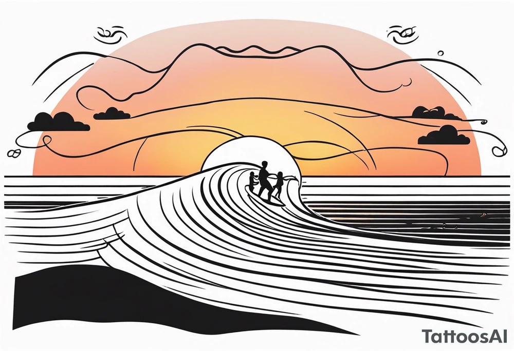 Black and white minimalist Line work tattoo depicting a father surfing with his two daughters.  The sunset and horizon have musical notes. tattoo idea
