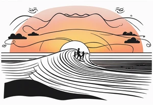 Black and white minimalist Line work tattoo depicting a father surfing with his two daughters.  The sunset and horizon have musical notes. tattoo idea