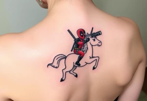 Deadpool riding unicorn pointing rocket propelled grenade launcher tattoo idea