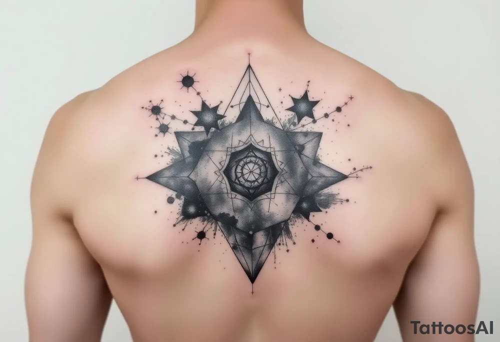 galaxy that covers the upper middle back and is geometric that also uses negative spaces to create a nebula tattoo idea