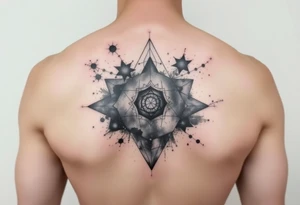 galaxy that covers the upper middle back and is geometric that also uses negative spaces to create a nebula tattoo idea
