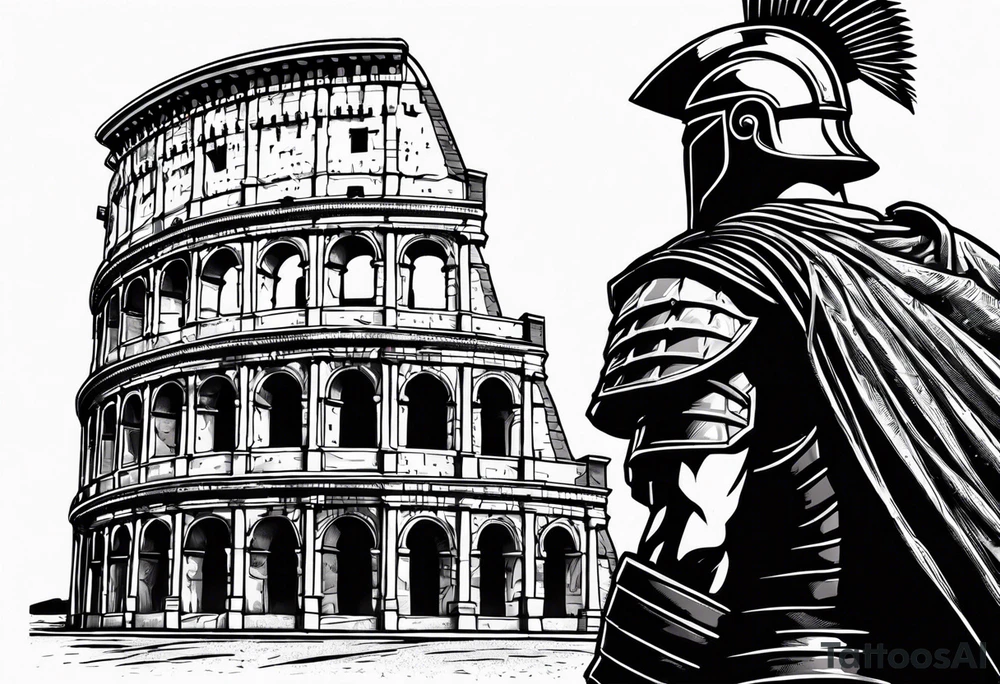 Side profile of spartan soilder looking right at Roman colosseum tattoo idea