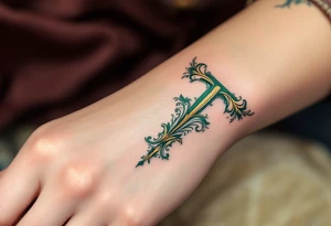 An ornate Victorian-style "T" in deep emerald green with gold leaf filigree. tattoo idea