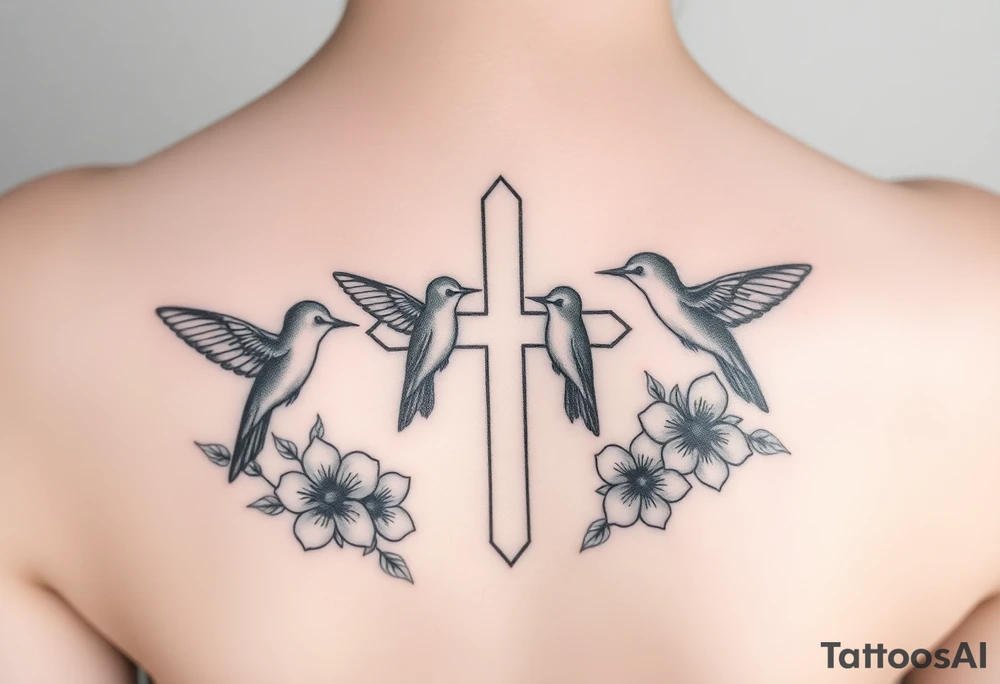 cross surrounded by hummingbirds and flowers tattoo idea