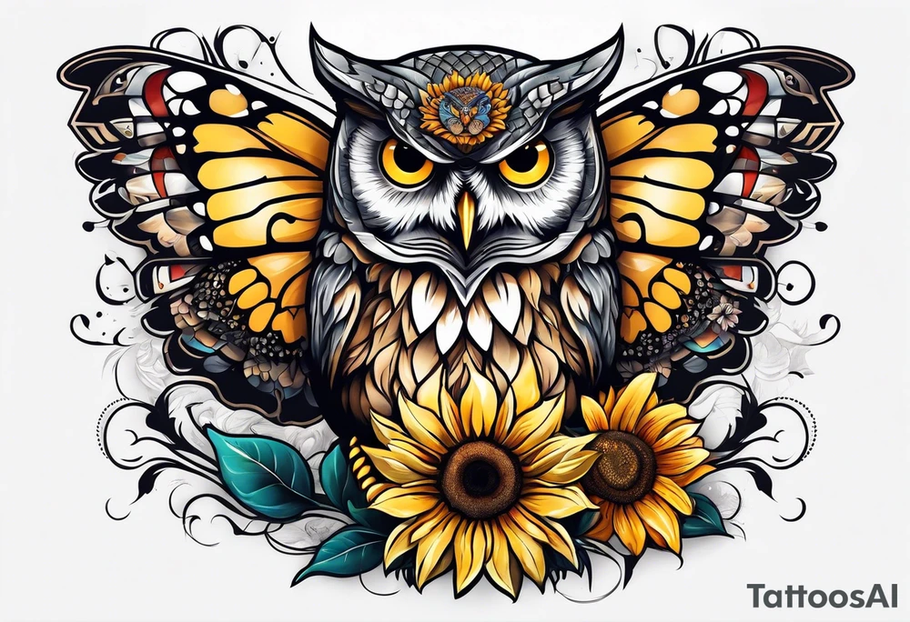 Owl with sunflower and butterfly tattoo idea