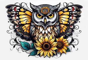 Owl with sunflower and butterfly tattoo idea
