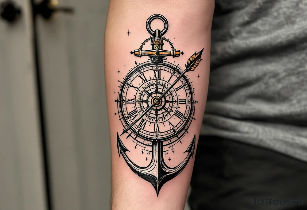 steampunk half compass half clock with a full-length arrow and anchor saying "Isaiah 40:31" tattoo idea