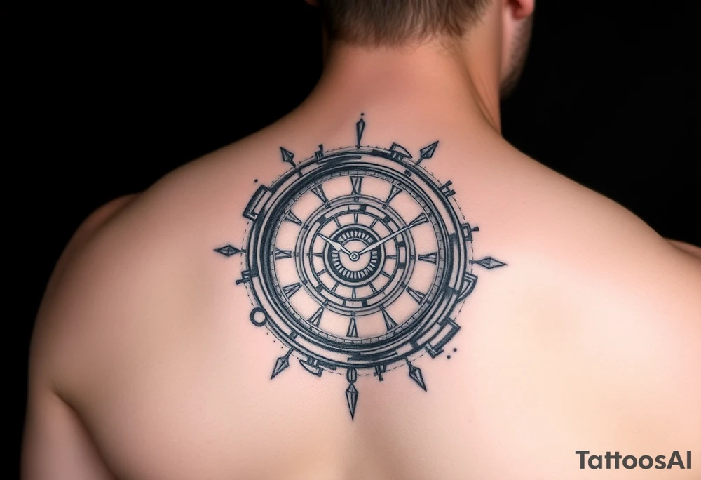 Chest and short-sleve universe themed spiral clock tattoo idea