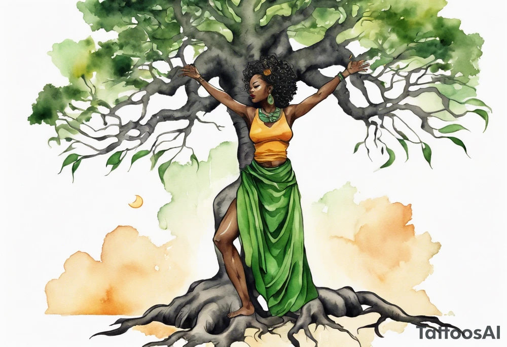 a tree trunk with roots that is a black woman from the waist up, feet made of tree roots, wearing a green tunic, arms stretched upwards towards the noon sun tattoo idea