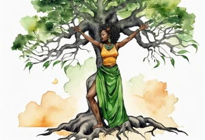 a tree trunk with roots that is a black woman from the waist up, feet made of tree roots, wearing a green tunic, arms stretched upwards towards the noon sun tattoo idea