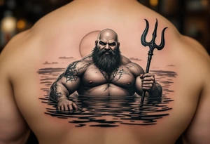 young, happy, fat, balding, poseidon in calm water, holding a trident, drinking a beer, with sunset, with ski boat, with bunny teeth tattoo idea