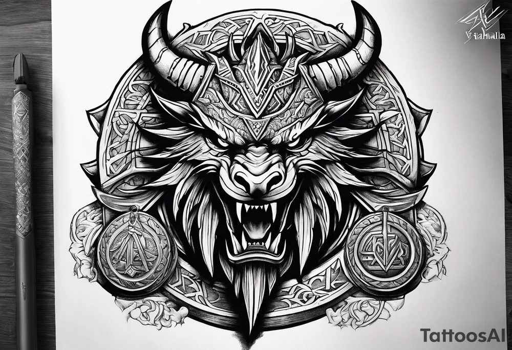 Valhalla sword shield dragon axe Valknut steps tattoo idea