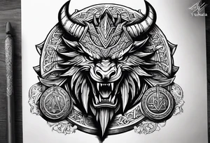 Valhalla sword shield dragon axe Valknut steps tattoo idea