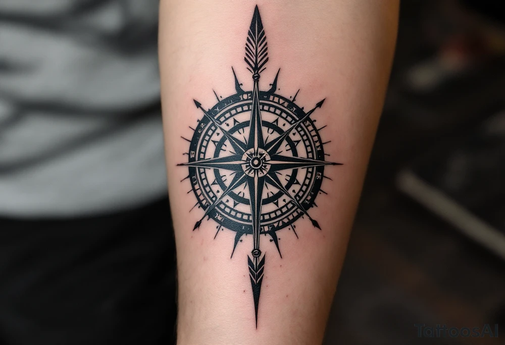 compass/clock with a large native American arrow tattoo idea