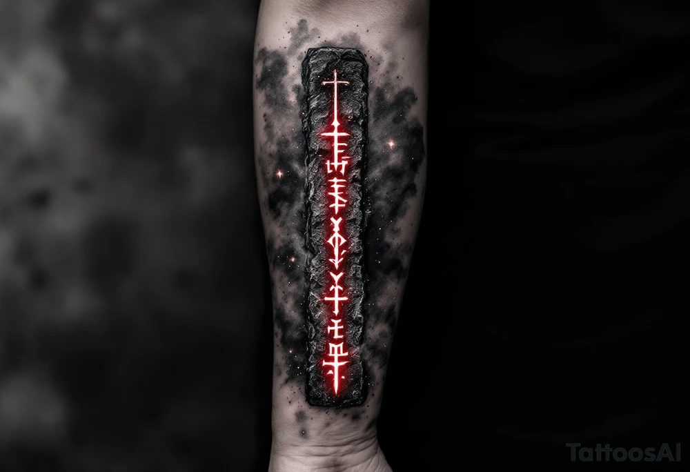 A forearm tattoo featuring a vertical line of deep crimson Slavic runes, each carved with rough stone-like texture and glowing faintly, set against a black and smoky-gray background with subtle ash particles floating around. tattoo idea