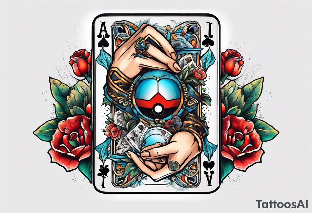 Hand with old school tattoos holding pokemon cards tattoo idea