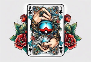 Hand with old school tattoos holding pokemon cards tattoo idea