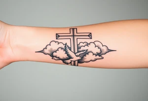 Big cross with clouds in the back everywhere  with a dove a the bottom left of the forearm with a blue circle ring it and the number 4 to the of the dove with whole tattoo covering the whole forearm tattoo idea