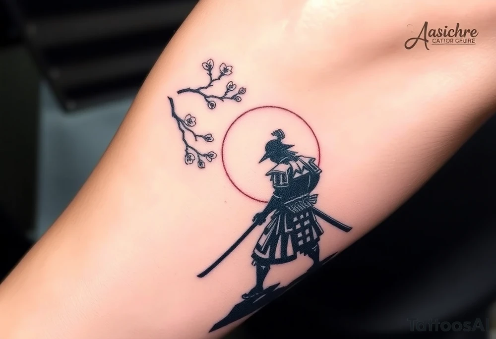 noble samurai warrior silhouette at sunset with cherry blossoms tattoo idea