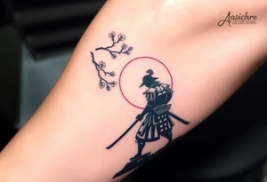 noble samurai warrior silhouette at sunset with cherry blossoms tattoo idea