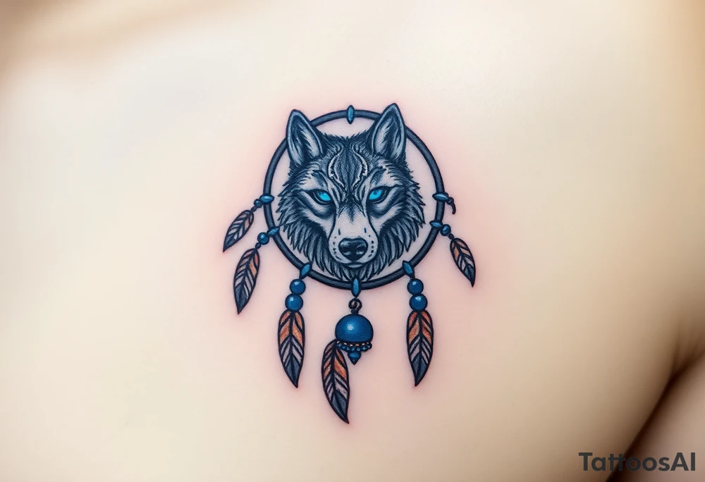 A detailed dreamcatcher with a wolf’s head in the center, surrounded by swirling feathers and beads. The wolf’s eyes glow in bright blue, with soft earth tones in the feathers tattoo idea