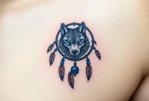 A detailed dreamcatcher with a wolf’s head in the center, surrounded by swirling feathers and beads. The wolf’s eyes glow in bright blue, with soft earth tones in the feathers tattoo idea