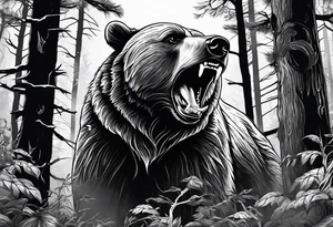 Realistic Bear growling. They are in a cloudy forest. With fierce warriors in the background tattoo idea