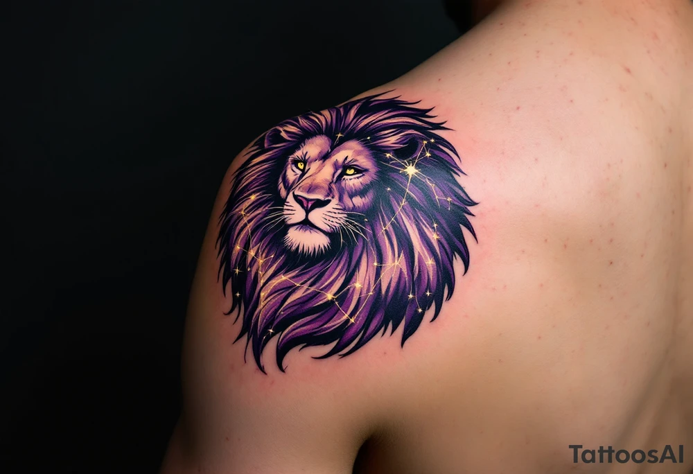 The Leo zodiac symbol in gold at the heart of a purple-hued lion formed by fine white star constellation lines across the shoulder blade. tattoo idea