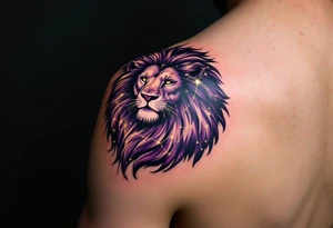 The Leo zodiac symbol in gold at the heart of a purple-hued lion formed by fine white star constellation lines across the shoulder blade. tattoo idea