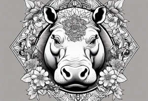 A symbolic hippo head with a detailed realistic full moon on upper right corner and wintersweet flower on lower left corner, looking like a totem tattoo idea